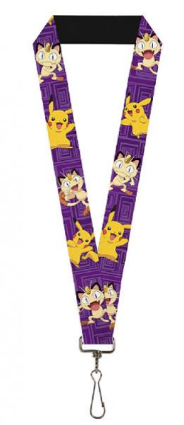 Lanyard - Nintendo - Pokemon - Pikachu and Meowth poses purple squares - NEW