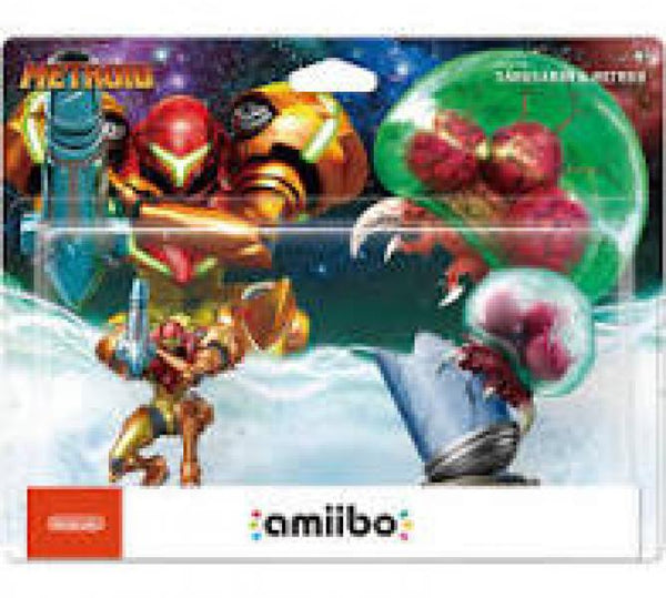 Amiibo - Metroid - Samus Aran & Metroid - 2 pack - woman in orange yellow space suit with blue gun hand along with pink jellyfish popping out of a glass tube - BRAND NEW & SEALED