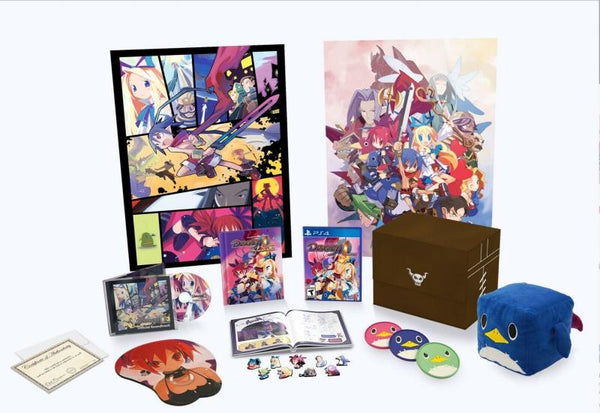 NS Disgaea 1 Complete - Rosen Queens Finest Edition - Complete in Box with Game, Soundtrack, Art Book, 9 Enamel Pins, 3 Coasters, Mousepad, 2 Posters, Prinny Cube Plush, and Certificate of Authenticity