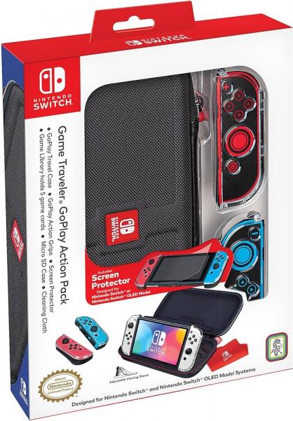 NS Game Traveler GoPlay Action Pack - Includes Switch Carrying Case, Plastic Joy-Con Grips, Cleaning Cloth - NEW