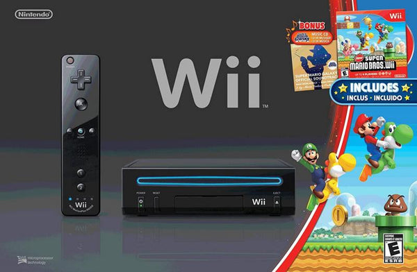 Wii F - Nintendo Wii - System HW - Black - (No GC) - Complete in Box with New Super Mario Bros. Wii and Super Mario Galaxy Official Soundtrack - USED