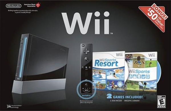 Wii F - Nintendo Wii - System HW - Black - (Plays GC) - Complete in Box with Wii Sports and Wii Sports Resort - USED