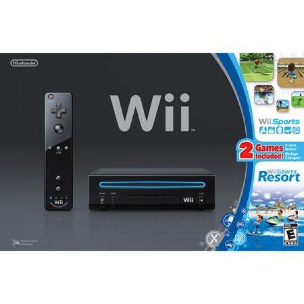 Wii F - Nintendo Wii - System HW - Black - (No GC) - RVK Model - Complete in Box with Wii Sports and Wii Sports Resort - USED