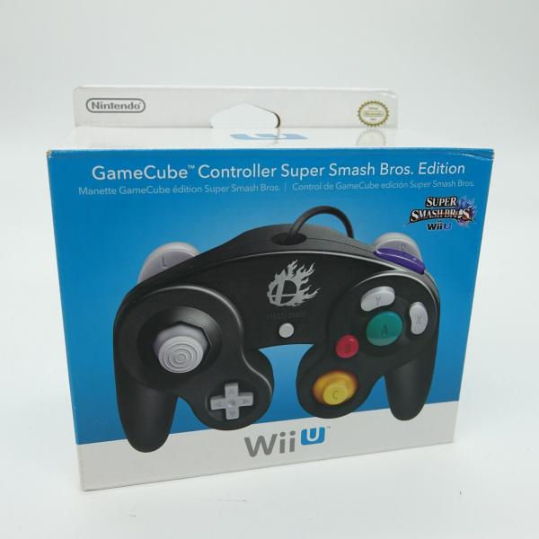 WiiU GC GameCube Controller (1st) - Super Smash Bros Edition - Flaming Super Smash Bros logo - Black - NEW