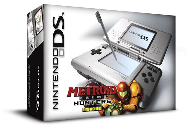 NDS Nintendo DS - Original Model - System HW - Titanium / Platinum Silver - Metroid Prime Hunters First Hunt Edition - Complete in Box - USED