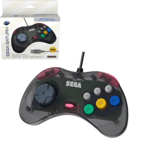 PC USB NS - Sega Saturn style controller (1st) 6b - RetroBit - Clear slate gray - NEW