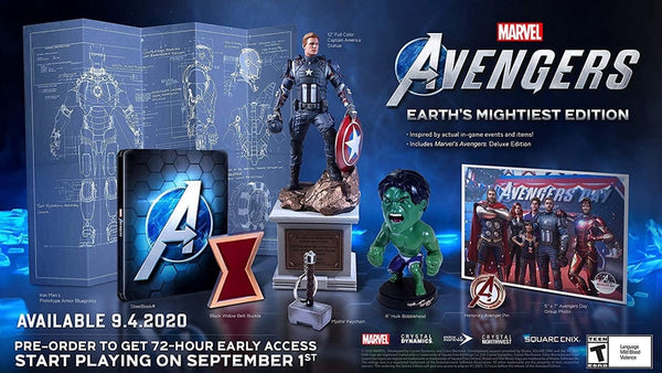 PS4 Avengers - Earth's Mightiest Edition - Complete in Box with SteelBook, Game, Iron Man's Prototype Armor Blueprints, Captain America Statue, Hulk Bobblehead, Mjolnir Keychain, Black Widow Belt Buckle, Honorary Avenger Pin, and Avengers Day Group Photo