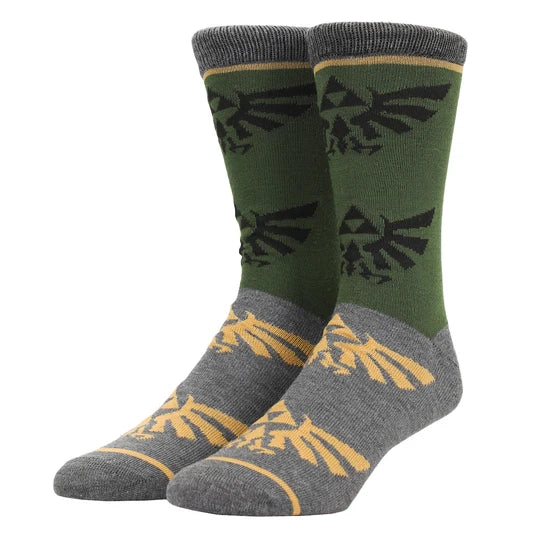 Gamer Gear - Nintendo - Zelda - triforce icon - CREW socks - gray & green - NEW