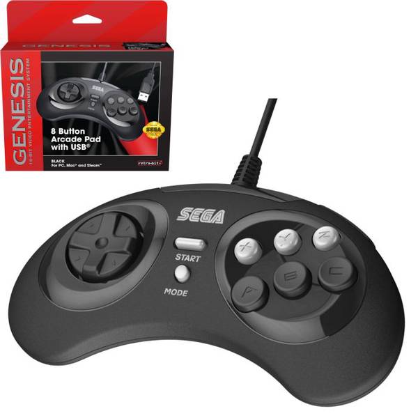 PC USB NS SG Mini - Sega Genesis style controller (1st) 8b - RetroBit - Black - NEW