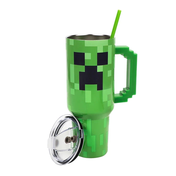 Gamer Gear - Water Bottle - Metal - 40oz - Minecraft - Creeper - Tumbler with straw - pixelated handle - Green - NEW