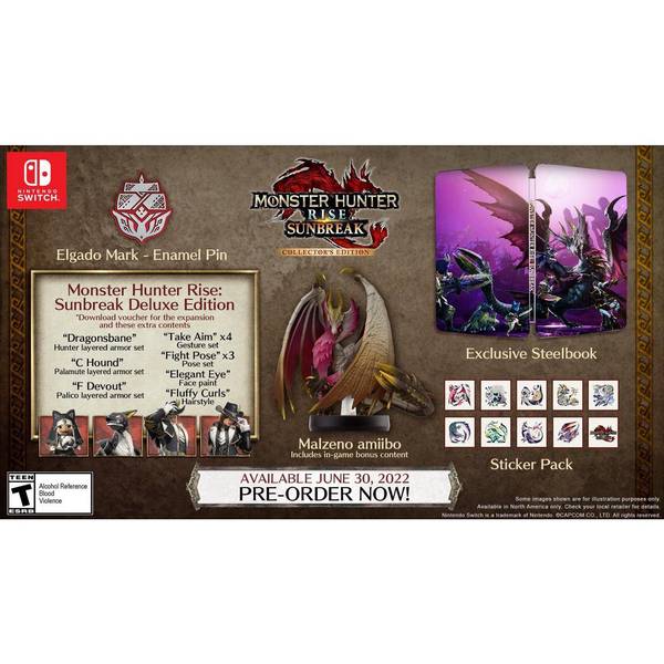 NS Monster Hunter Rise - Sunbreak - Collector's Edition - Complete in Box with Malzeno amiibo, Steelbook, and Enamel Pin - BASE GAME NOT INCLUDED - SUNBREAK EXPANSION IS DLC - DLC MAY NOT BE INCLUDED