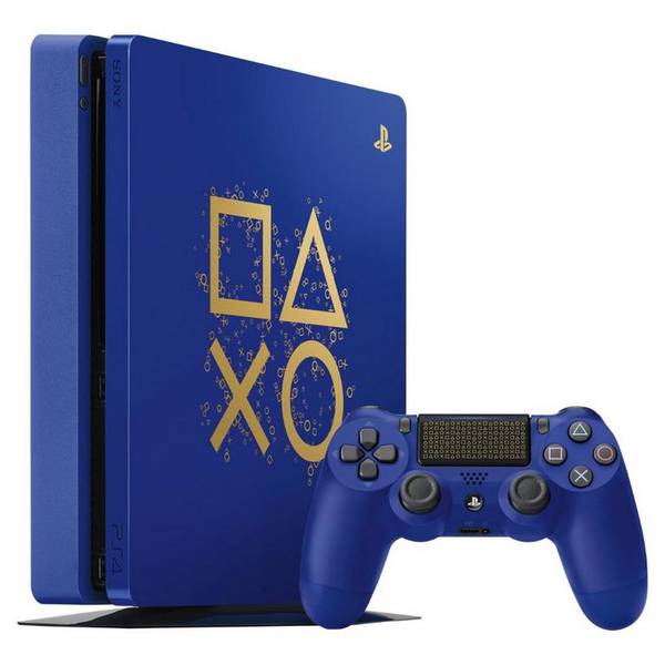 PS4 PlayStation 4 - System HW - Slim Model - 1 TB - Days of Play 2018 Limited Edition with Matching Controller - Blue with PlayStation Symbols - USED