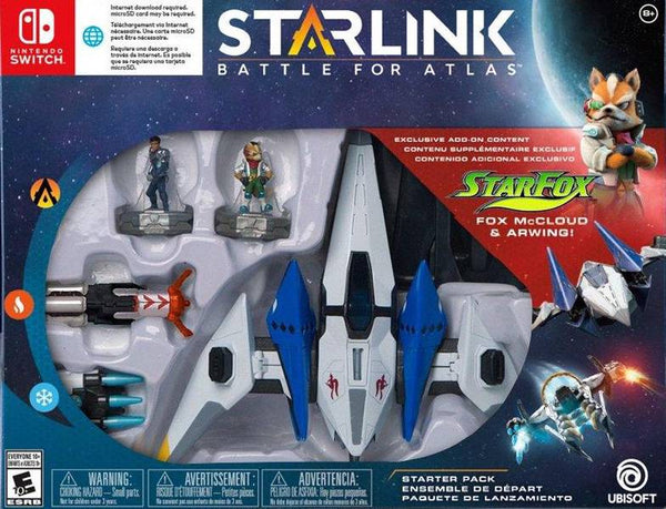 NS Starlink - Battle for Atlas - Starter Pack - Complete in Box with Game, Arwing starship, Fox McCloud figure, Flamethrower weapon, Frost Barrage weapon, Digital Shredder weapon, Mason Rana figure, Digital Zenith starship, Controller Mount, and Poster