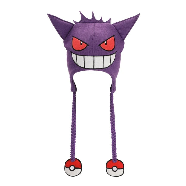 Gamer Hat - Nintendo - Pokemon - Gengar - laplander style beanie with two pom pom pokeballs - purple knit cap - NEW