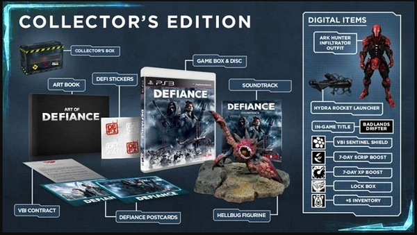 PS3 Defiance - Collector's Edition - Complete with Big Box, Game, OST CD, Bonus Disc, Hellbug Figurine, Art Book, Contract, Postcards and Stickers