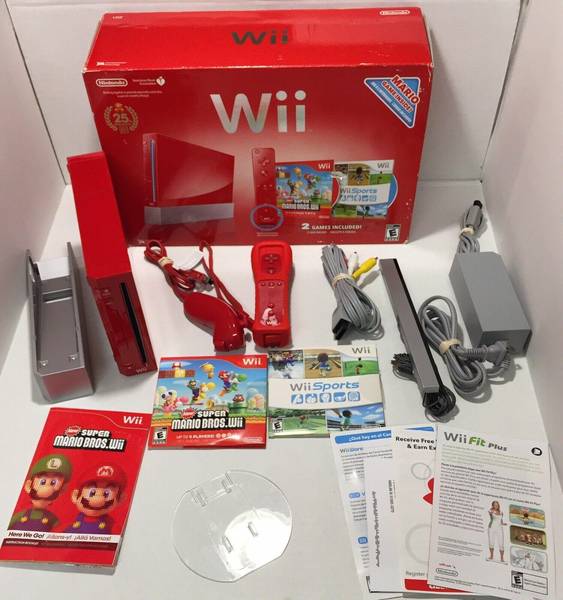 Wii F - Nintendo Wii - System HW - Super Mario Bros. 25th Anniversary Bundle - Red - (Plays GC) - Complete in Box with New Super Mario Bros. Wii and Wii Sports - USED