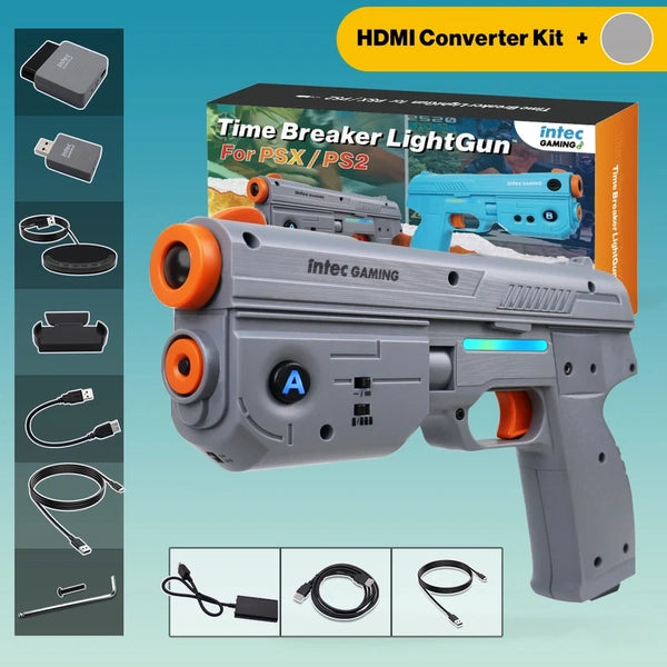 PS2 PS1 Light Gun (3rd) - INTEC - Time Breaker - COMPLETE with Gun & HDMI hookup kit - GRAY - Works on ANY Modern HDTV - NEW