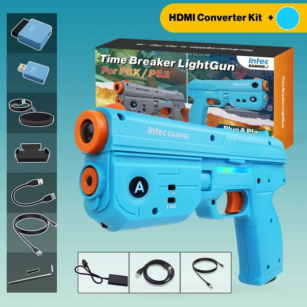 PS2 PS1 Light Gun (3rd) - INTEC - Time Breaker - COMPLETE with Gun & HDMI hookup kit - BLUE - Works on ANY Modern HDTV - NEW