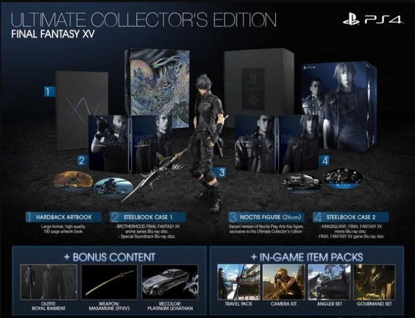 PS4 Final Fantasy XV 15 - Ultimate Collectors Edition - Complete with Big Box, Steelbook with Game & Kingsglaive Movie, 2nd Steelbook with Brotherhood Anime & Special Soundtrack, Play Arts Kai Noctis and Artbook - DLC MAY NOT BE INCLUDED