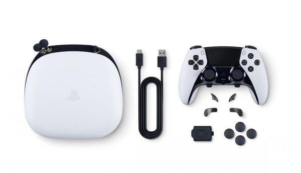 PS5 Controller - Wireless - Sony (1st) Dual Sense Edge - Original White and Black style - Includes usb c cable, 2 high dome caps, 2 low dome caps, 2 half dome buttons, 2 lever back buttons, connector housing small black piece, and white d