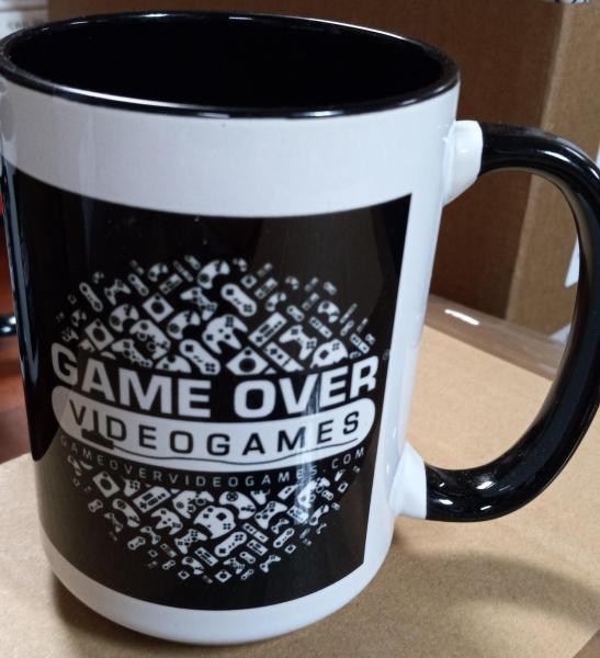 Gamer Mugs - coffee cup - GAME OVER store logo - (black & white) - 2024 - Ball of Controllers design - NEW