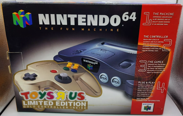 N64 Nintendo 64 System HW - Toys R Us Gold Controller Bundle - Regular black system with gold controller - Complete in box - USED
