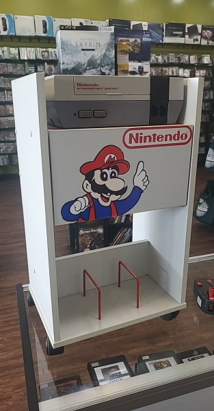 NES Roll Cart - white stand with wheels with nintendo logo and mario on drawer