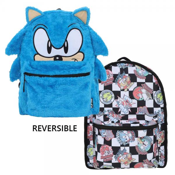 Gamer Bags - Backpack - SEGA - Sonic the Hedgehog - Sonic big face REVERSIBLE Backpack - blue furry & black checkered - NEW